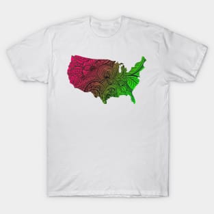 Colorful mandala art map of the United States of America in dark pink and green T-Shirt